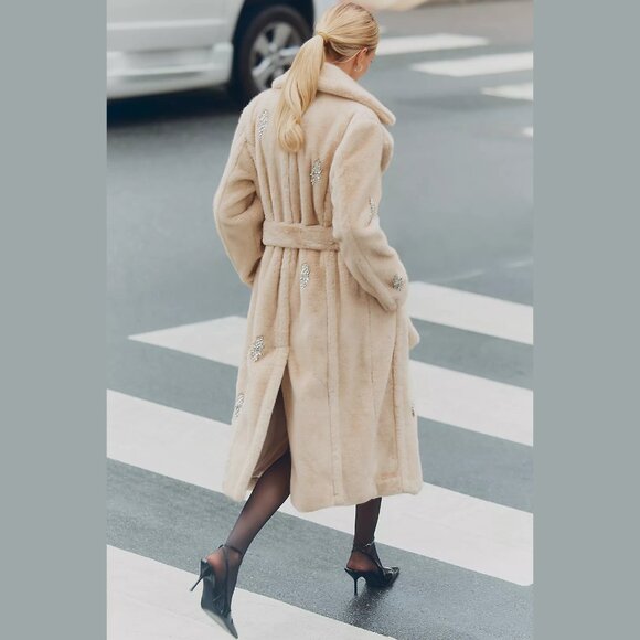 NEW Avec Les Filles Sizes M, L Embellished Faux Fur Belted Long Coat - Natural - Picture 2 of 5